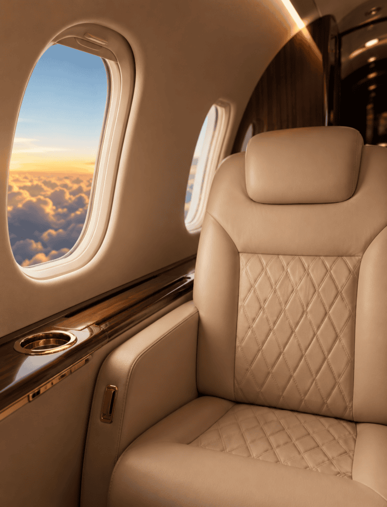 Luxury private jet cabin with premium leather seating and sunset view